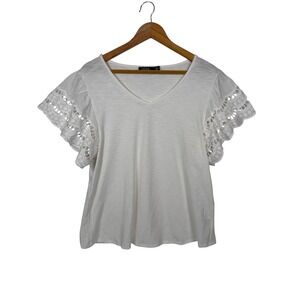 CURE. V-Neck Top Women Size M White Casual Eyelet Flutter Sleeve M2-2936